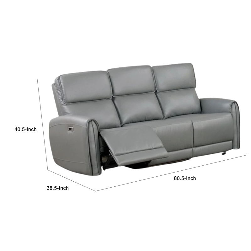 Benjara Sily Power Reclining Sofa- Gray Faux Leather- 81 Inch- USB Ports