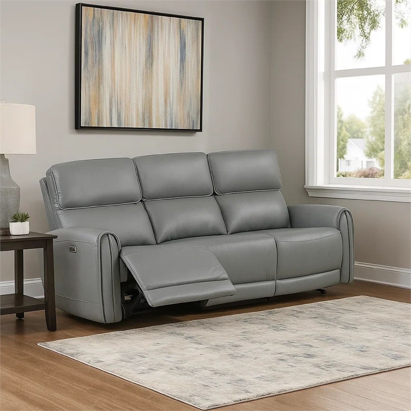 Benjara Sily Power Reclining Sofa- Gray Faux Leather- 81 Inch- USB Ports