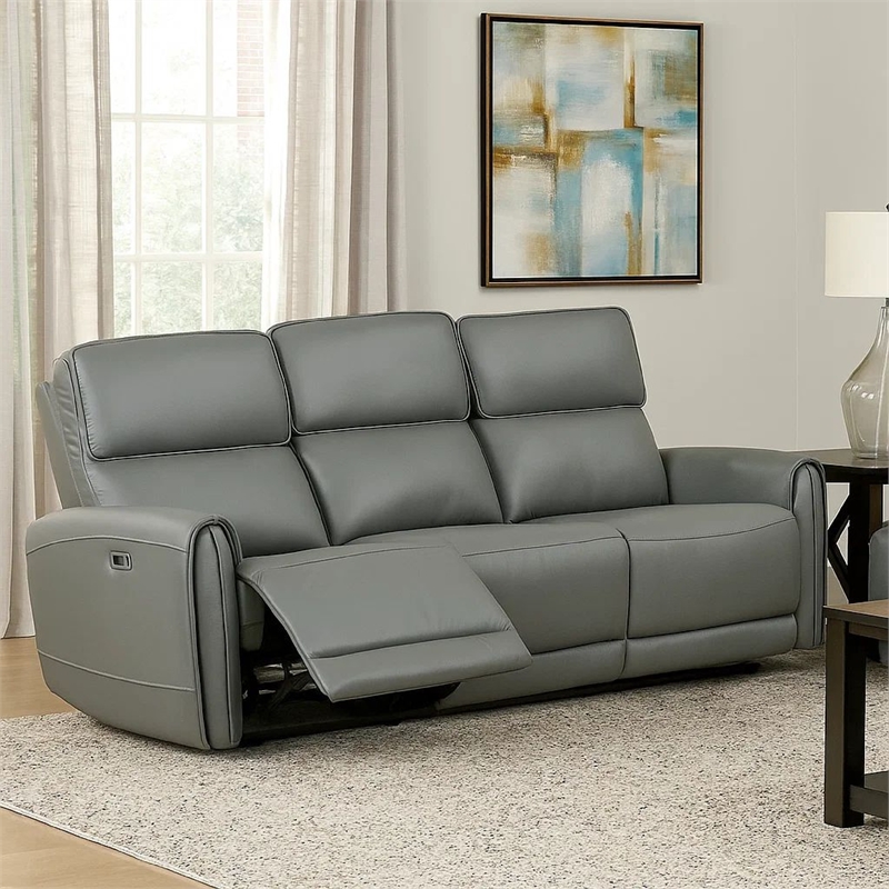 Benjara Sily Power Reclining Sofa- Gray Faux Leather- 81 Inch- USB Ports