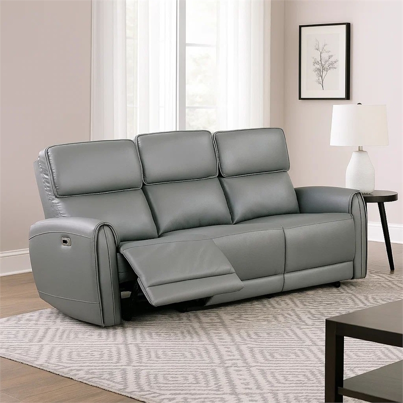 Benjara Sily Power Reclining Sofa- Gray Faux Leather- 81 Inch- USB Ports