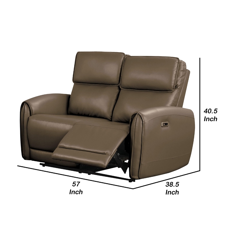 Benjara Sily Power Reclining Loveseat- Light Brown Faux Leather- 57 Inch- USB