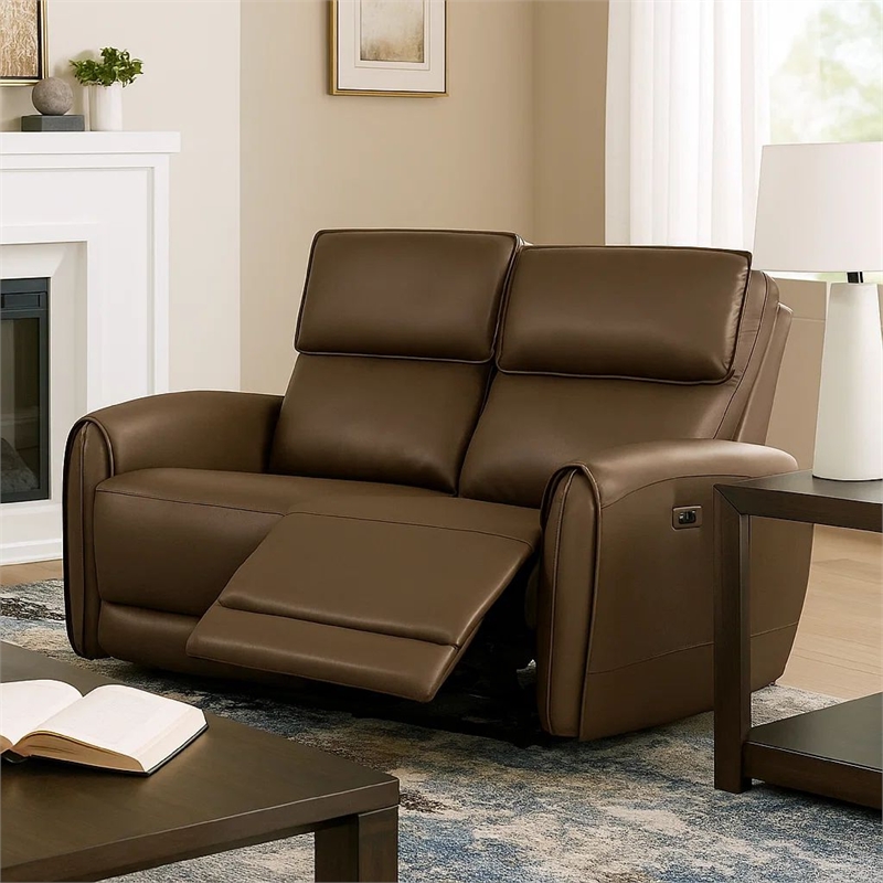 Benjara Sily Power Reclining Loveseat- Light Brown Faux Leather- 57 Inch- USB