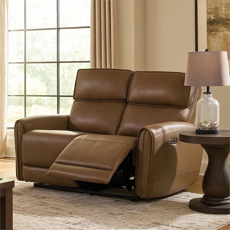 Benjara Sily Power Reclining Loveseat- Light Brown Faux Leather- 57 Inch- USB