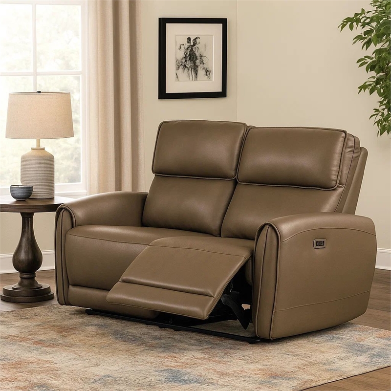 Benjara Sily Power Reclining Loveseat- Light Brown Faux Leather- 57 Inch- USB