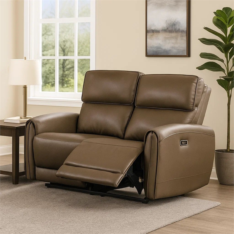 Benjara Sily Power Reclining Loveseat- Light Brown Faux Leather- 57 Inch- USB