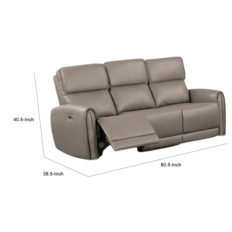 Benjara Sily Power Recliner Sofa- Light Brown Faux Leather- 81 Inch- USB Ports