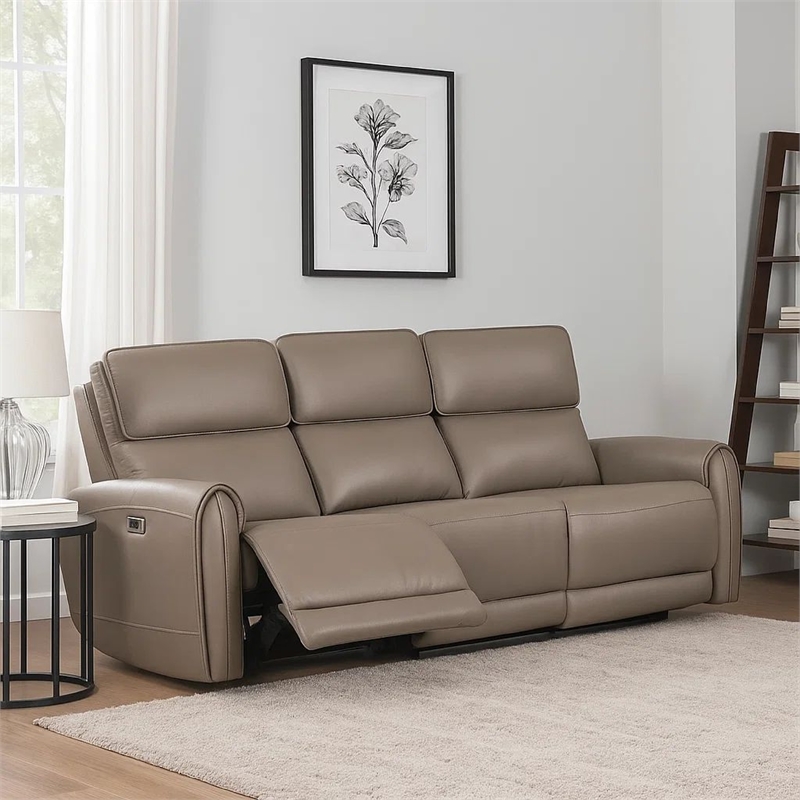 Benjara Sily Power Recliner Sofa- Light Brown Faux Leather- 81 Inch- USB Ports