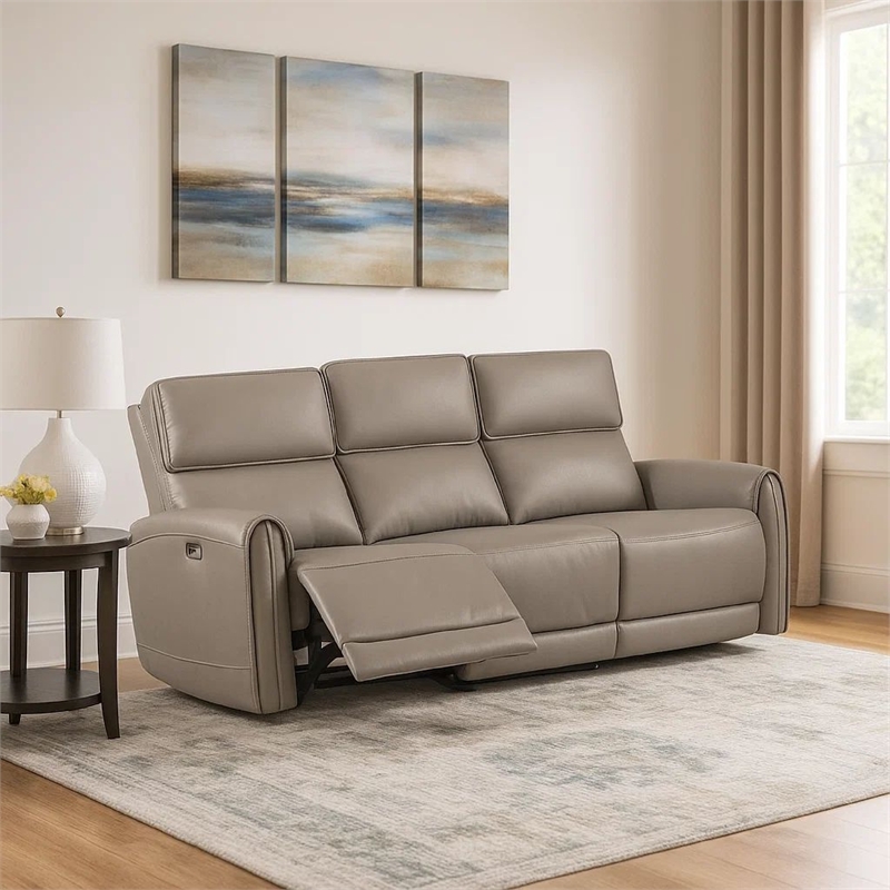 Benjara Sily Power Recliner Sofa- Light Brown Faux Leather- 81 Inch- USB Ports