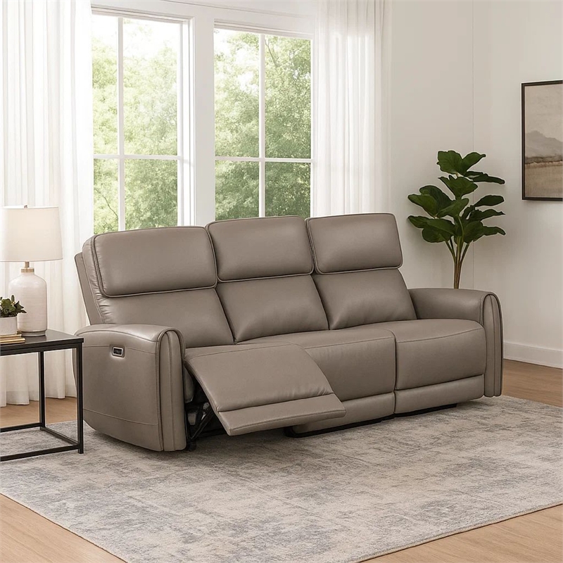 Benjara Sily Power Recliner Sofa- Light Brown Faux Leather- 81 Inch- USB Ports