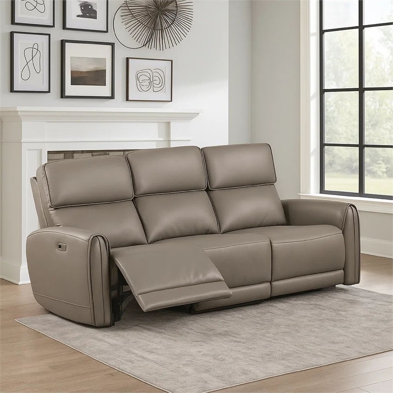 Benjara Sily Power Recliner Sofa- Light Brown Faux Leather- 81 Inch- USB Ports
