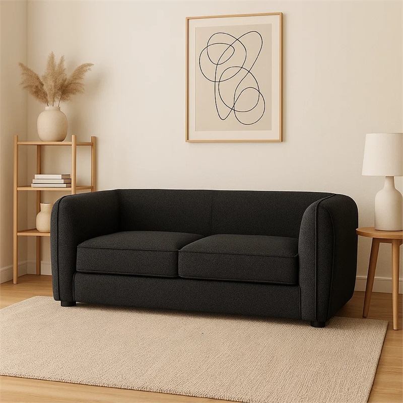 Benjara Dly Retro Loveseat- Black Boucle Seat- Welt Trims- 68 Inch- Tuxedo Style