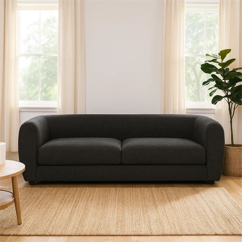 Benjara Dly Retro Sofa- Black Boucle Seat- Welt Trims- 87 Inch- Tuxedo Style