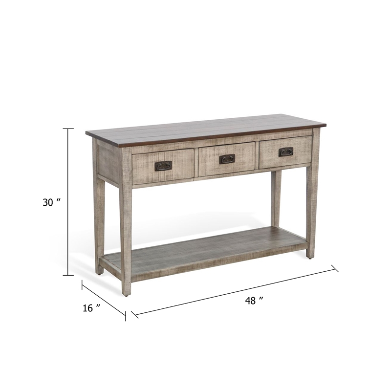 Benjara Camie Sofa Console Table- 48 Inch- 3 Drawers- Gray Solid Mahogany