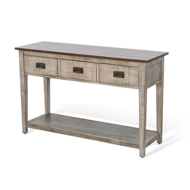 Benjara Camie Sofa Console Table- 48 Inch- 3 Drawers- Gray Solid Mahogany