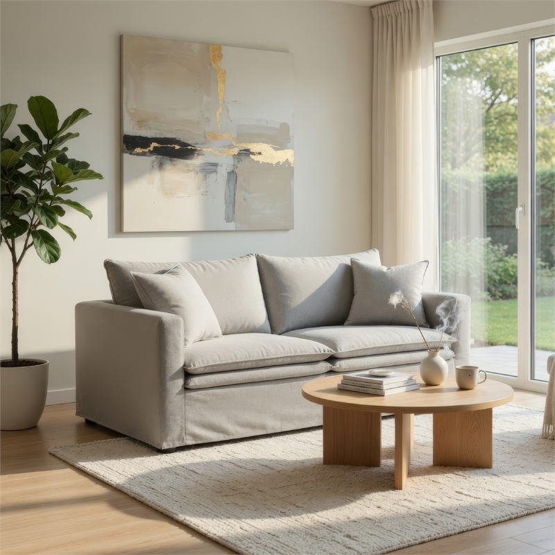 Benjara Rutu Loveseat- 2 Accent Pillows- Light Gray Padded Linen- 68 Inch
