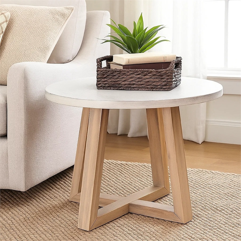 Benjara Dilly Side End Table- Cross Pedestal Base- Light Gray- 28