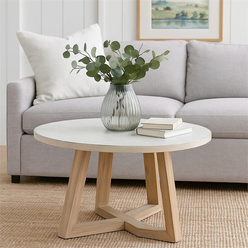 Benjara Dilly Side End Table- Cross Pedestal Base- Light Gray- 28