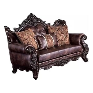 Benjara Puhi Loveseat w Accent Pillows- Brown Faux Leather- Ornate Carved 70&quot
