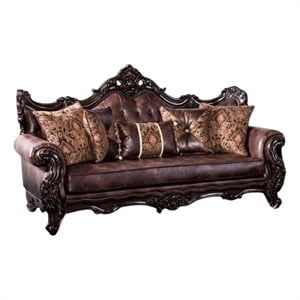 Benjara Puhi Sofa- Brown Faux Leather- Ornate Carved Dark Cherry Wood- 95 Inch
