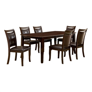 Benjara Woody 7pc Dining Table Set- 18-&quotLeaf- Espresso Faux Leather Chairs
