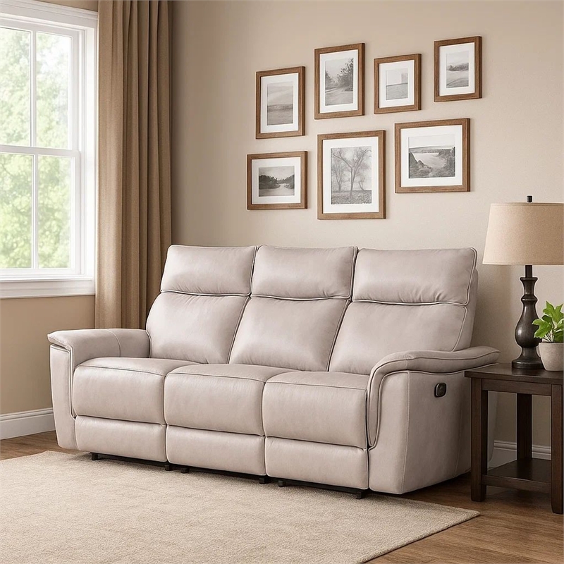 Benjara Lenne Sofa- Taupe Gray Faux Leather- Manual Reclining Mechanism- 86 Inch