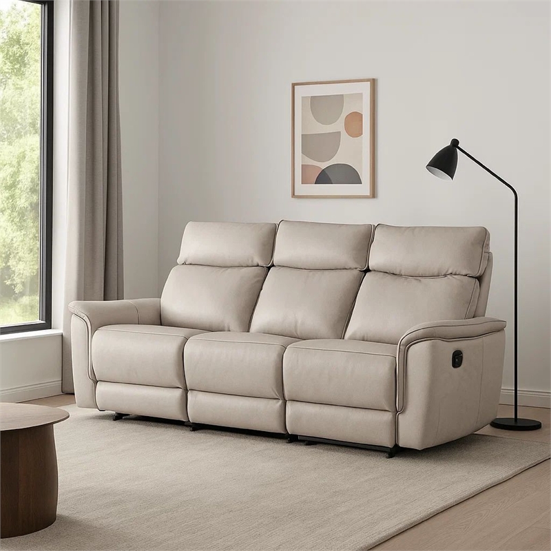 Benjara Lenne Sofa- Taupe Gray Faux Leather- Manual Reclining Mechanism- 86 Inch