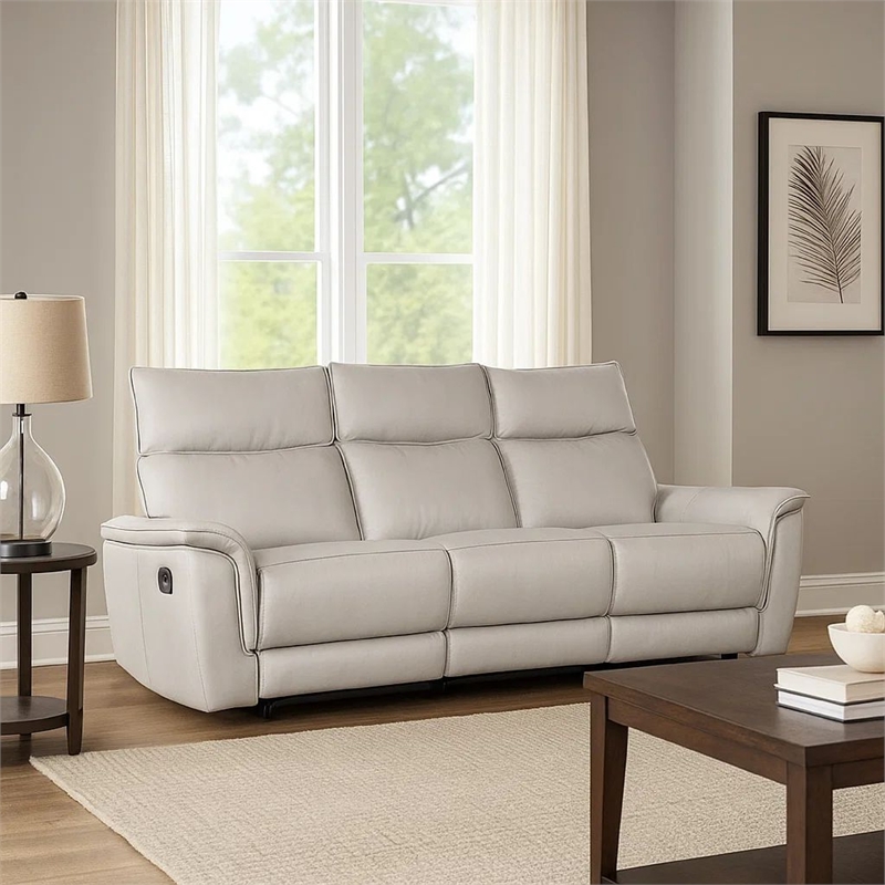 Benjara Lenne Sofa- Taupe Gray Faux Leather- Manual Reclining Mechanism- 86 Inch