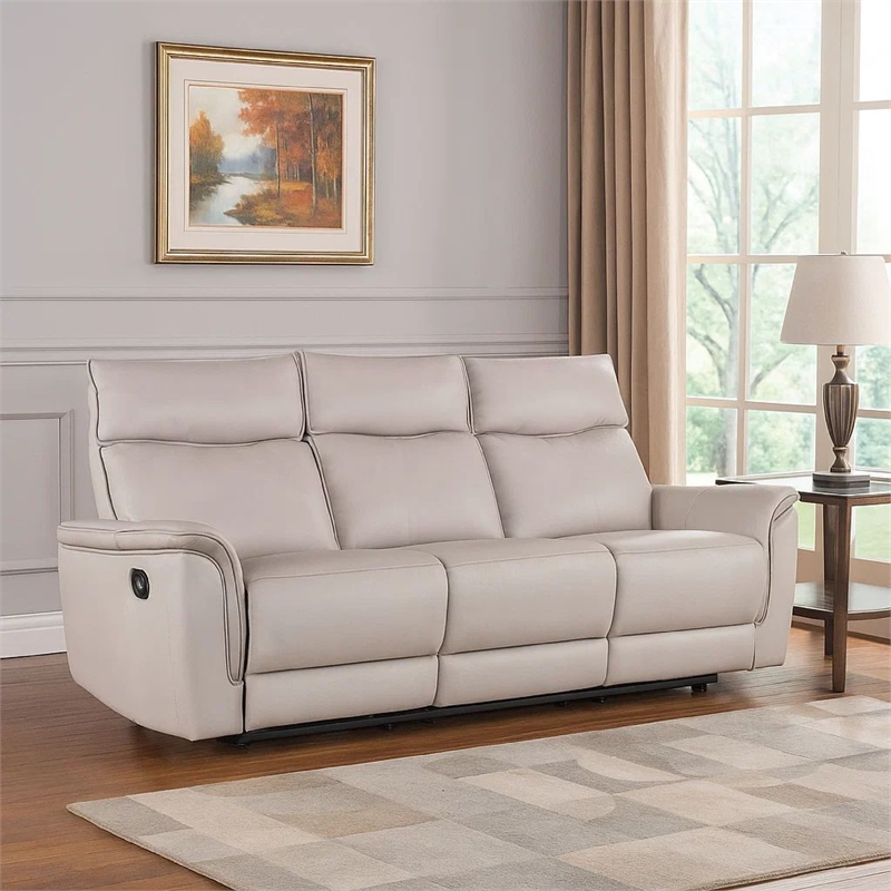 Benjara Lenne Sofa- Taupe Gray Faux Leather- Manual Reclining Mechanism- 86 Inch