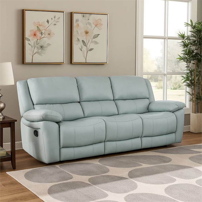 Benjara Larus Sofa- Manual Reclining Mechanism- Blue Faux Leather- 82 Inch
