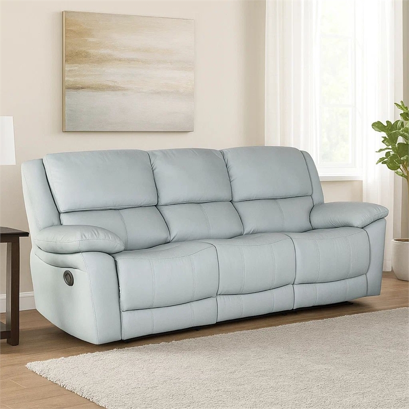 Benjara Larus Sofa- Manual Reclining Mechanism- Blue Faux Leather- 82 Inch