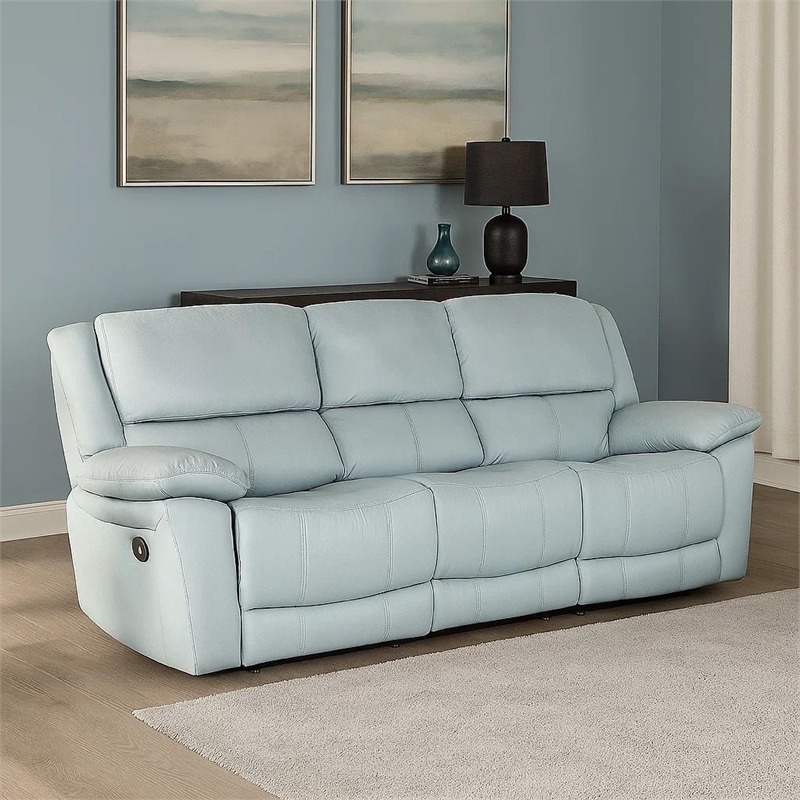 Benjara Larus Sofa- Manual Reclining Mechanism- Blue Faux Leather- 82 Inch