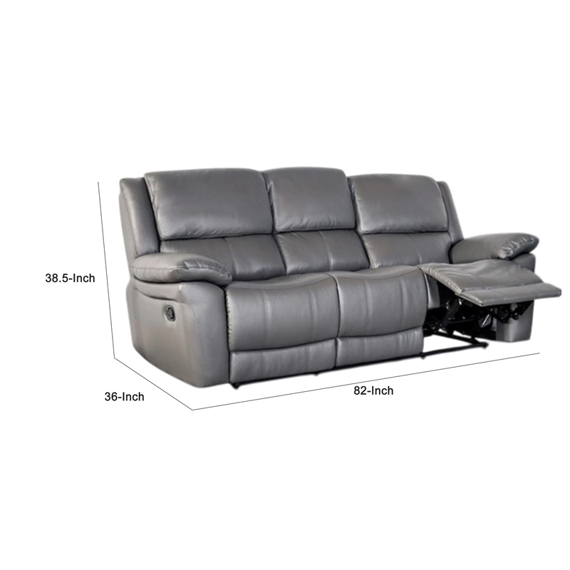 Benjara Larus Sofa- Manual Reclining Mechanism- Dark Gray Faux Leather- 82 Inch