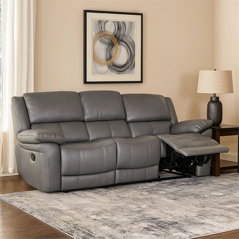 Benjara Larus Sofa- Manual Reclining Mechanism- Dark Gray Faux Leather- 82 Inch