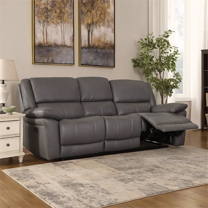 Benjara Larus Sofa- Manual Reclining Mechanism- Dark Gray Faux Leather- 82 Inch