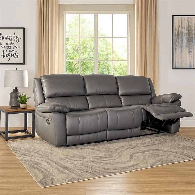 Benjara Larus Sofa- Manual Reclining Mechanism- Dark Gray Faux Leather- 82 Inch