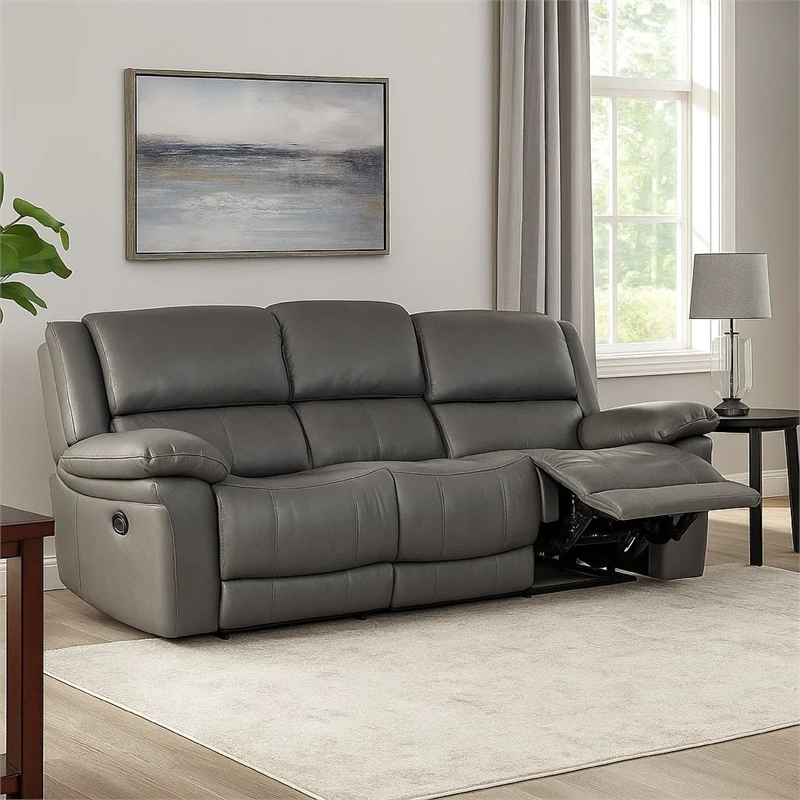 Benjara Larus Sofa- Manual Reclining Mechanism- Dark Gray Faux Leather- 82 Inch