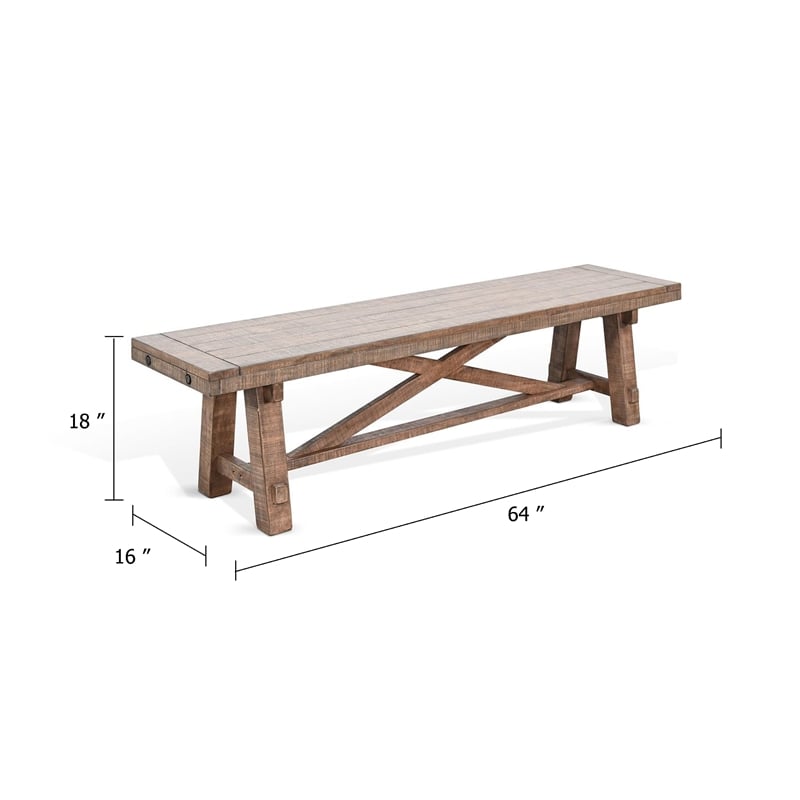 Benjara Industrial Dining Bench- Cross Brace Design Natural Brown Solid Wood