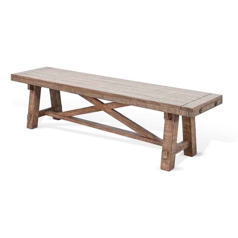 Benjara Industrial Dining Bench- Cross Brace Design Natural Brown Solid Wood