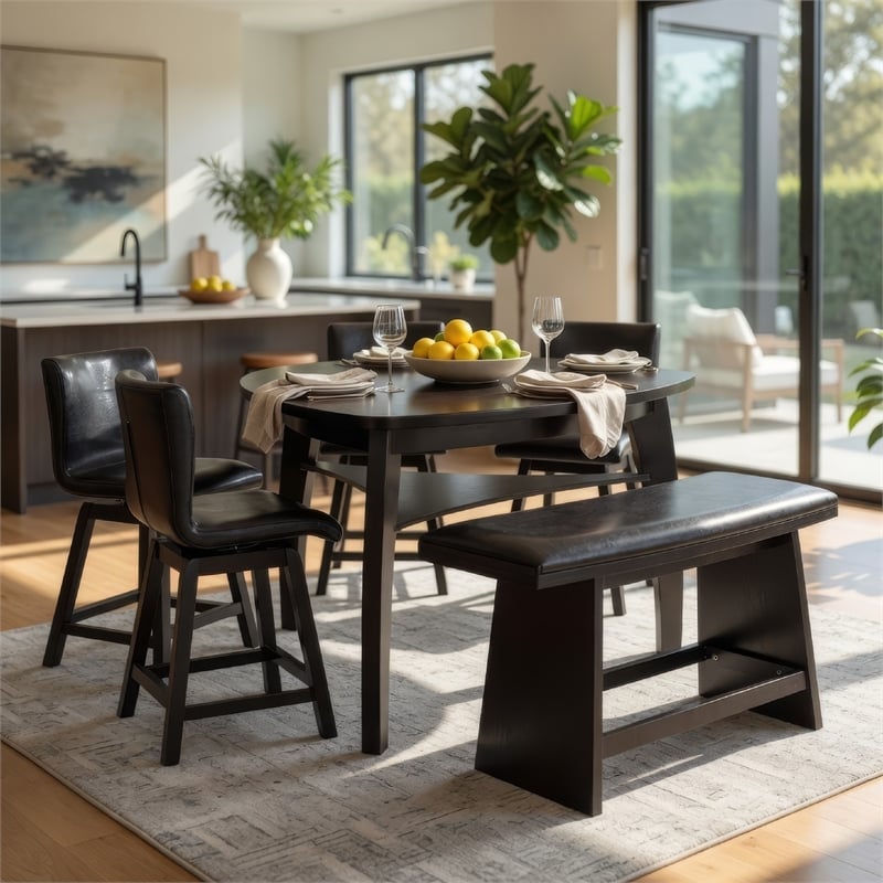 Benjara Leya 6pc Counter Height Table-Swivel Chair-Bench Set-Black Faux Leather