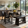 Benjara Leya 6pc Counter Height Table-Swivel Chair-Bench Set-Black Faux Leather