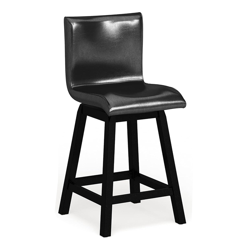 Benjara Leya 6pc Counter Height Table-Swivel Chair-Bench Set-Black Faux Leather