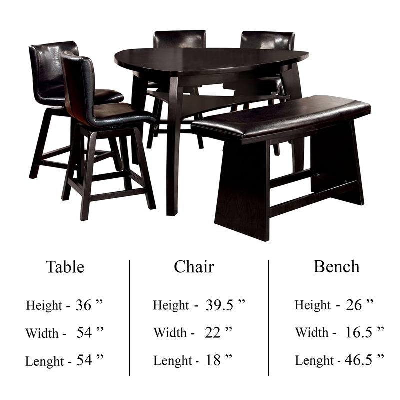 Benjara Leya 6pc Counter Height Table-Swivel Chair-Bench Set-Black Faux Leather