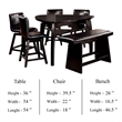 Benjara Leya 6pc Counter Height Table-Swivel Chair-Bench Set-Black Faux Leather