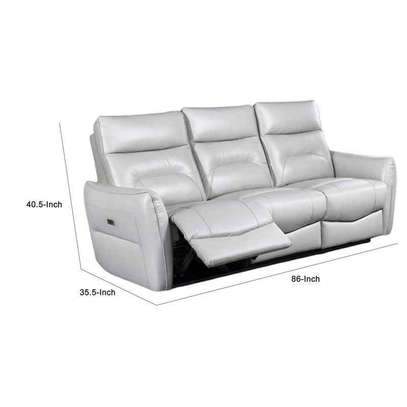 Benjara Teren Power Recliner Sofa- 86 Inch- Contemporary Gray Grain Leather