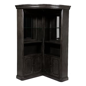 Benjara Wooden Bar Cabinet with Glass Shelves- Brown