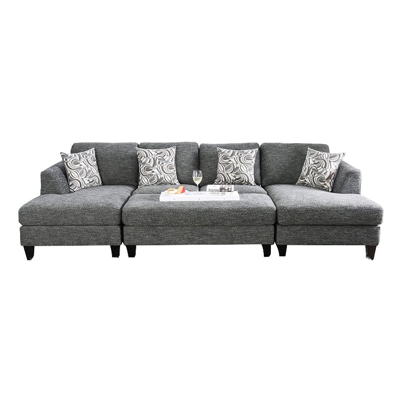 Benjara Wood and Fabric Sectional Set with Ottoman- Set of 5- Gray