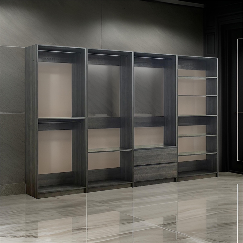 Benjara Dee Modular Freestanding Closet System- 4 Hanging Rods- 6 Shelves- Gray