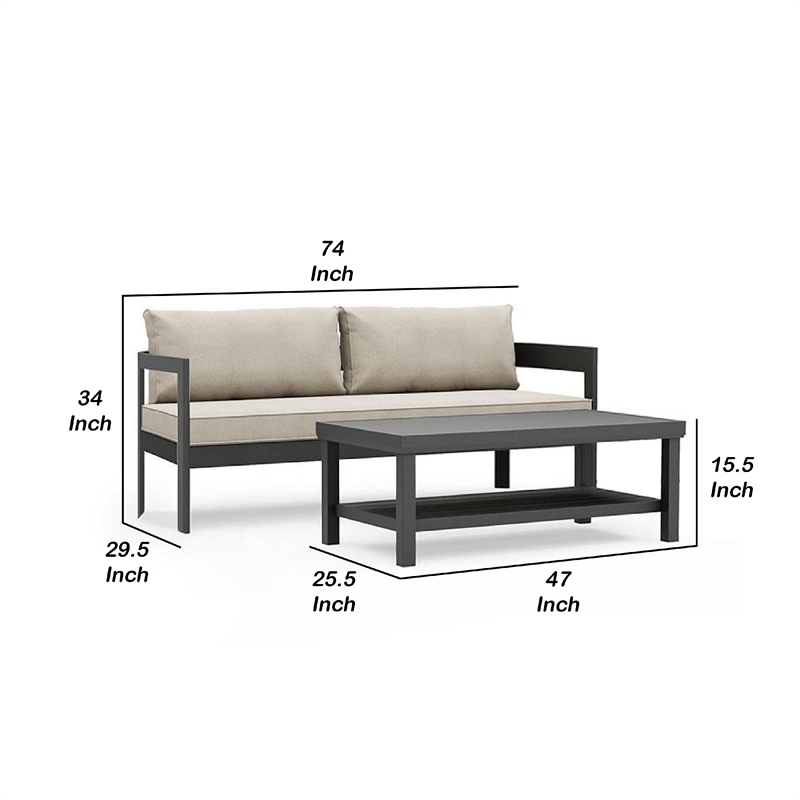 Benjara Lea Patio Sofa and Coffee Table Set- Open Storage Shelf- Black Aluminium