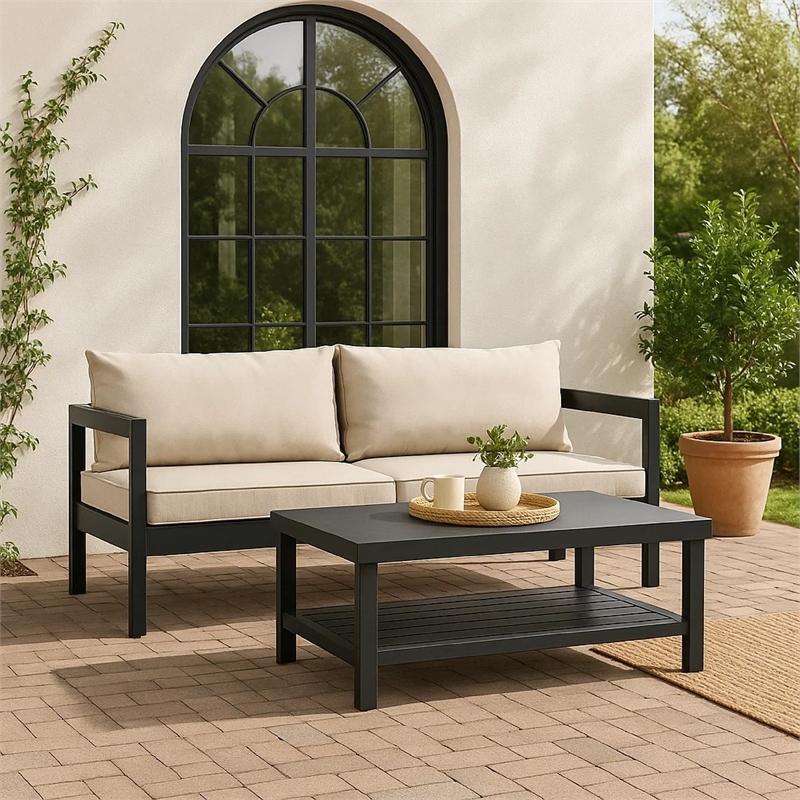 Benjara Lea Patio Sofa and Coffee Table Set- Open Storage Shelf- Black Aluminium