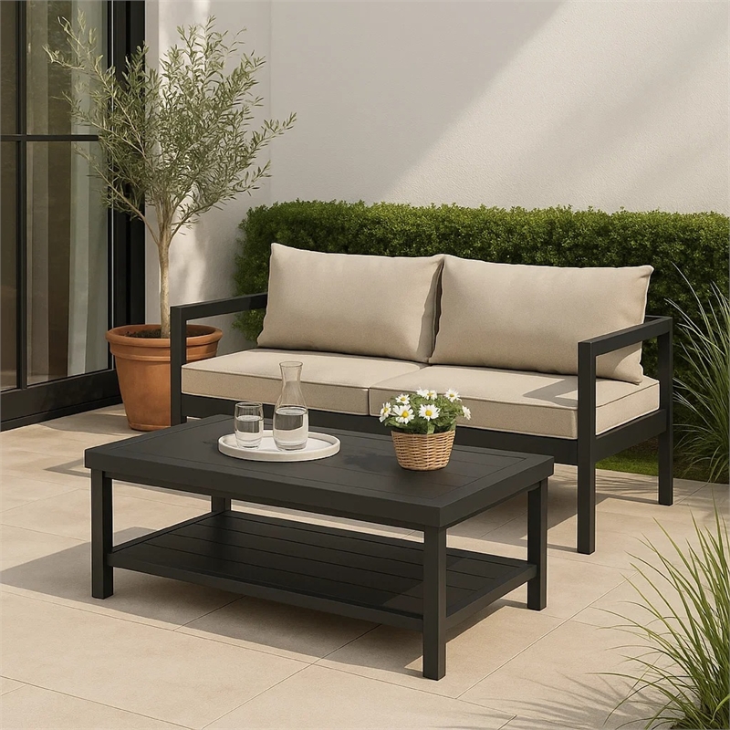 Benjara Lea Patio Sofa and Coffee Table Set- Open Storage Shelf- Black Aluminium